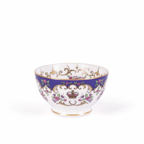 Queen Victoria fine bone china sugar bowl with a design featuring a coronet surrounded by floral patterns and gold plated rims.