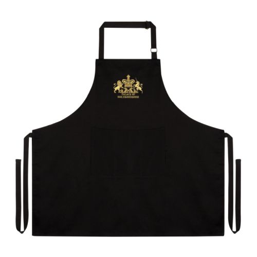 black apron embroidered with the unicorn and lion crest and the words 'Palace of Holyroodhouse' in gold threads
