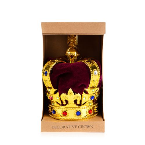 Gold State Crown Decoration featuring alternate blue and red beads along the arches and head band . The crown has a burgundy velvet padded inner cap.