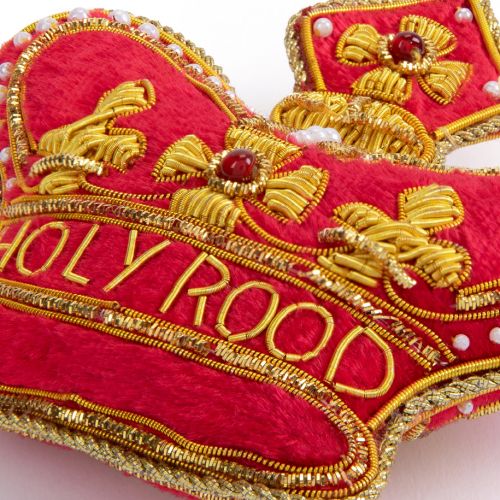 Pearl studded Palace of Holyroodhouse red crown decoration with Holyrood stitched on in gold thread.