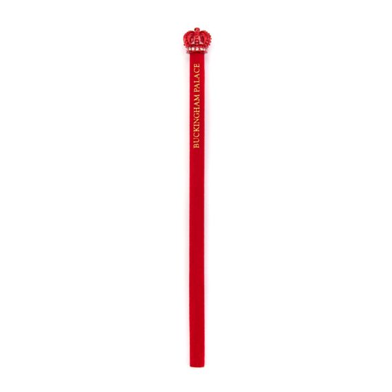 Red velvet pencil with red crown topper. Stamped with gold text 'Buckingham Palace'. Red velvet pencil with red crown topper. Stamped with gold text 'Buckingham Palace'.