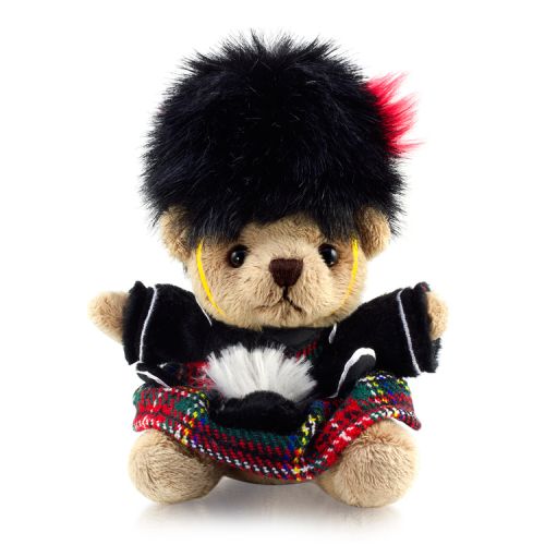 Plush bear keyring with tartan kilt and black bear skin hat. 