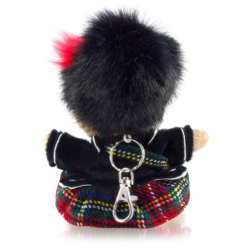 Plush bear keyring with tartan kilt and black bear skin hat.