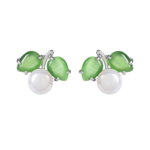 Two earrings with round freshwater pearls elegantly framed by two hand-carved leaves, set into a sterling silver stem.  