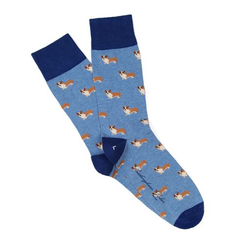 Light blue socks with corgi repeat pattern. Darker blue accents on heels and toes. 