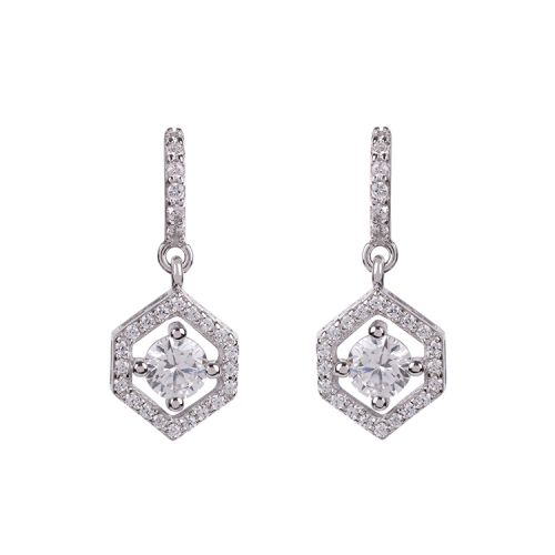 Hexagon shaped drop earrings with a crystal centre