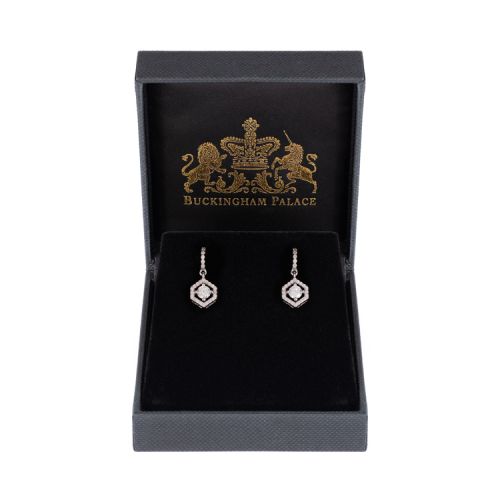 Hexagon shaped drop earrings with a crystal centre