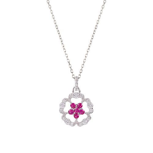 Floral necklace with a pink central detail on a silver chain