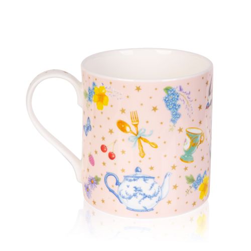 Pale pink mug decorated with corgis, yellow and blue florals, cakes, strawberries, butterflies and teacups. The pale pink background has gold stars and a gold coronet is printed on the inside of the mug.