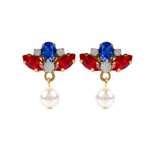 Red, white and blue crystals on gold plated brass with a pearl drop 