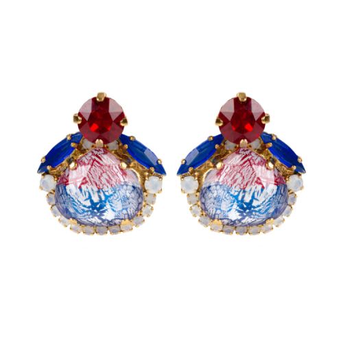 Red, white and blue stud earrings with a mixture of red and blue crystals at the top. 

Marbled glass of red, white and blue in the centre. Surrounded by small white crystals. 