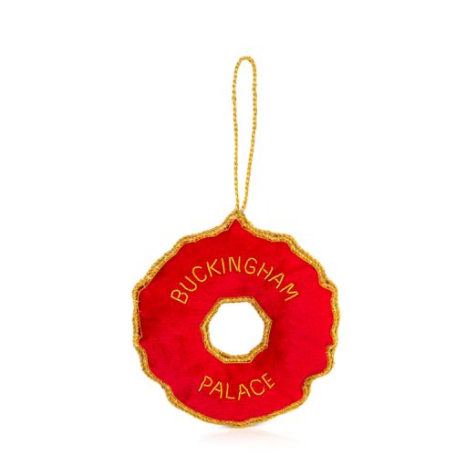 Wreath decoration with red bow and sewn crystals. Gold embroidery.