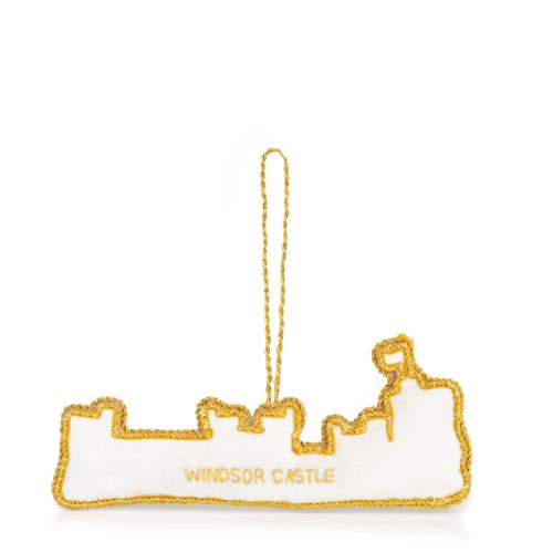 Front façade of Windsor Castle. Embroidered with gold thread and green velvet to create bushes.