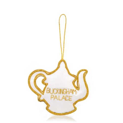 Teapot decoration. Stitched with gold thread. Colourful satin flowers.