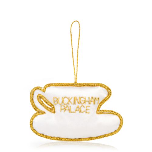 Embroidered decoration in the shape of a teacup. Gold beads and thread, colourful satin flowers.