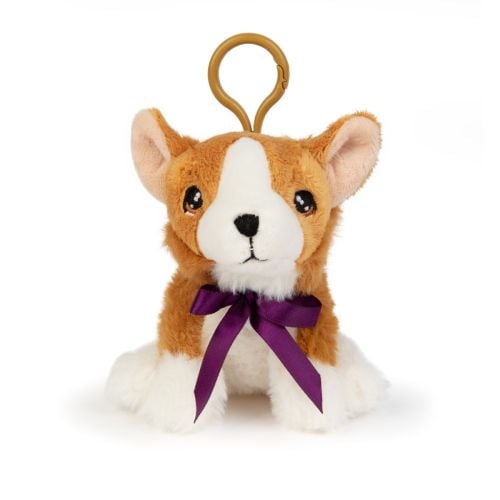 White and brown corgi with red ribbon fixed at its neck. FInished with plastic brown clip.