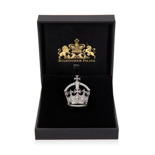 sliver crown brooch with gem and pearl detailing