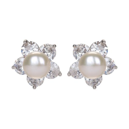 Pearl clip on earrings with crystal petals. 