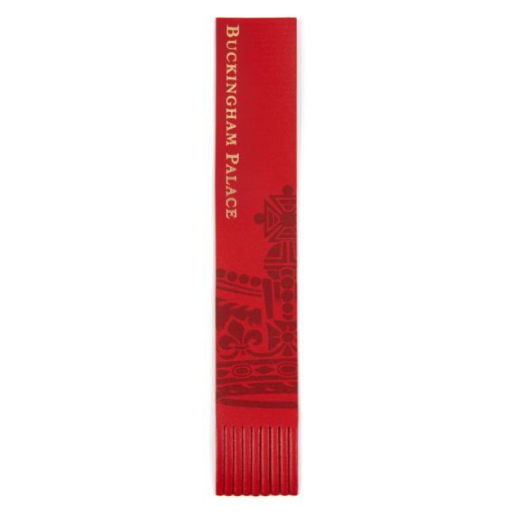 red bookmark with Buckingham Palace in gold foil and a crown illustration. red bookmark with Buckingham Palace in gold foil and a crown illustration.