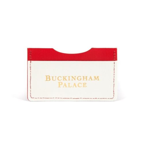 rectangle card holder with red and white detailing and crown on right hand side