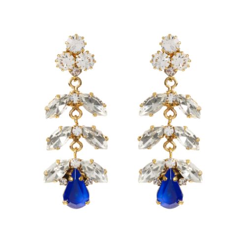 Waterfall earrings with clear crystals and a large blue tear drop at the bottom