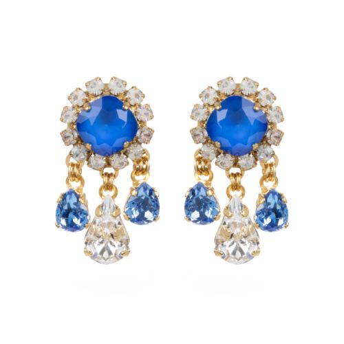 Blue and clear crystal drop earrings on gold fixings.