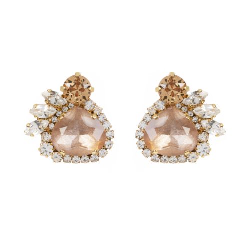 A pair of pale pink crystal earrings. Surrounded by an assortment of brown and clear crystals.