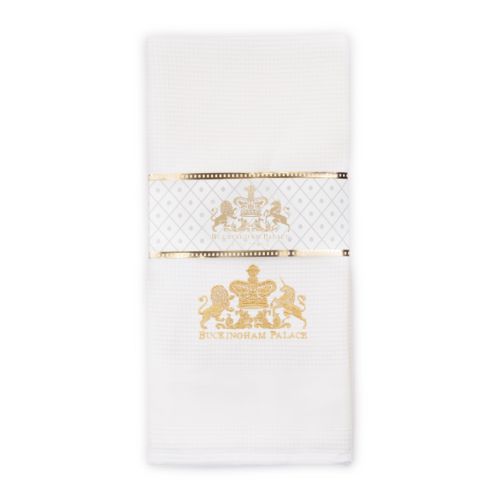 Two white waffle tea towels overlapping. Gold crest central at the bottom of the tea towel.