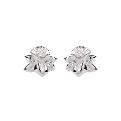 two silver stud earrings in the shape of daffodils
