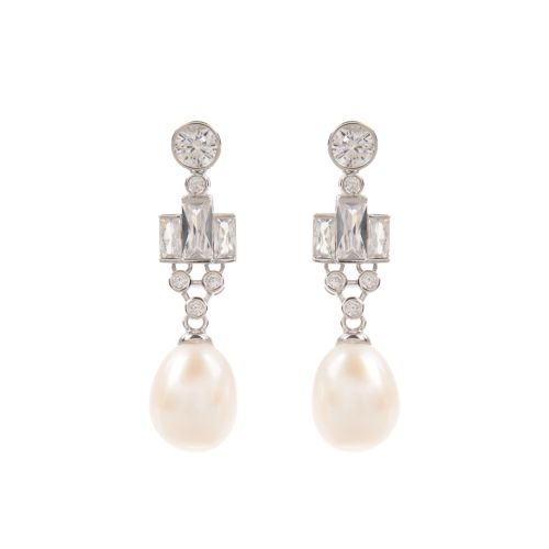 Crystal studded pearl drop earrings with a large white drop pearls below.