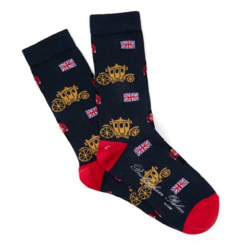 Navy socks with red heel and toe. Decorated with union jacks and gold carriages plus Royal Guardsmen. 