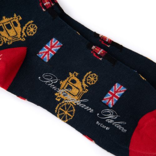 Navy socks with red heel and toe. Decorated with union jacks and gold carriages plus Royal Guardsmen.