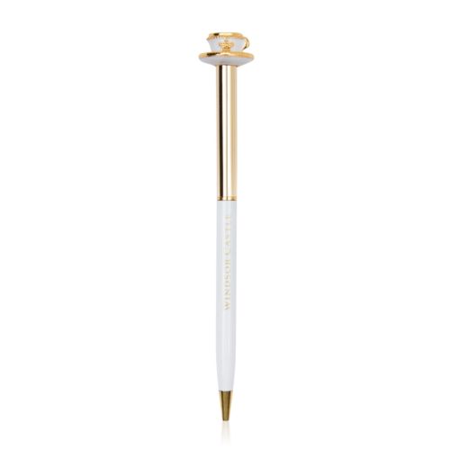 White and gold pen with teacup and saucer topper.