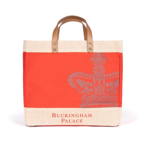 Red and natural jute bag with brown leather handles and Buckingham Palace Crown. 