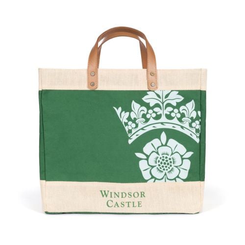 Green Windsor Castle Jute bag with Tudor rose and crown, leather handles. 
