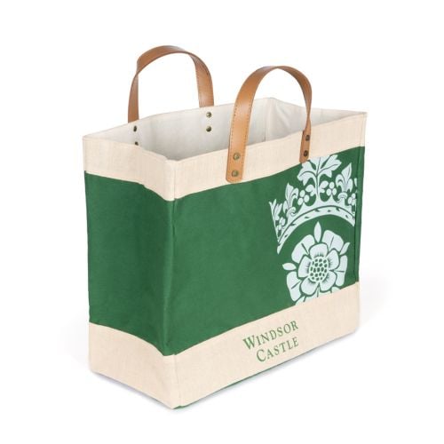 Green Windsor Castle Jute bag with Tudor rose and crown, leather handles.
