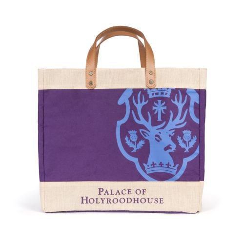 Purple Palace of Holyroodhouse jute bag featuring purple band and Palace of Holyroodhouse crest with leather band. 