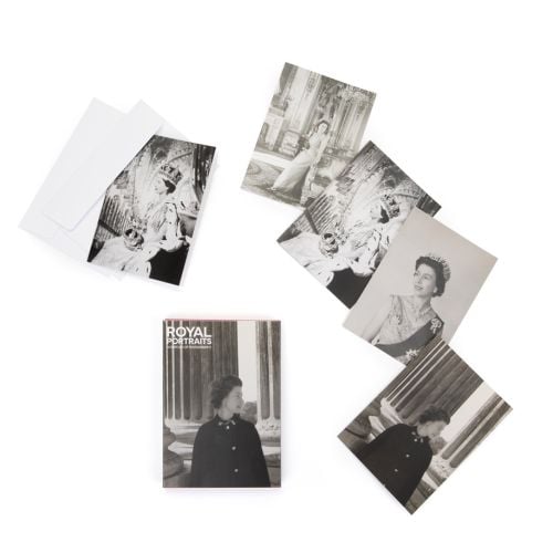 Royal Portraits Queen Elizabeth Notecards set featuring a black and white photo of Queen Elizabeth II in Admiral's Robes by Cecil Beaton.