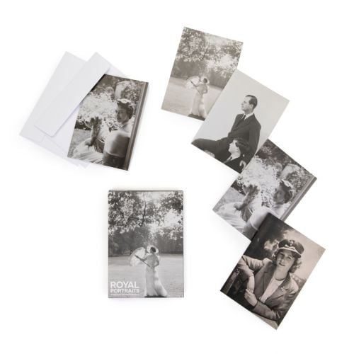 Front cover of Royal Portraits notecard set featuring a black and white image of Queen Elizabeth, the Queen Mother (1900 - 2002) captured by Cecil Beaton.