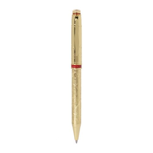 Gold ballpoiint pen with engraving and red band with Windsor Castle at centre. 