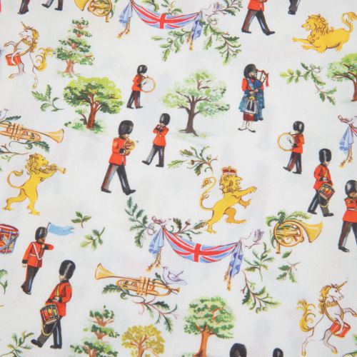 Front of button down pyjamas with green lining with Guardsmen marching, union flags, lions and trees.