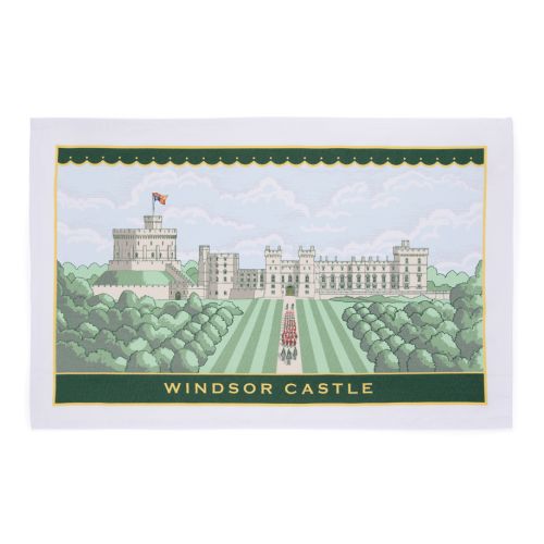 Landscape teatowel with the facade of Windsor Castle, with a view from the Long Walk. With Windsor Castle text at the bottom in gold. 