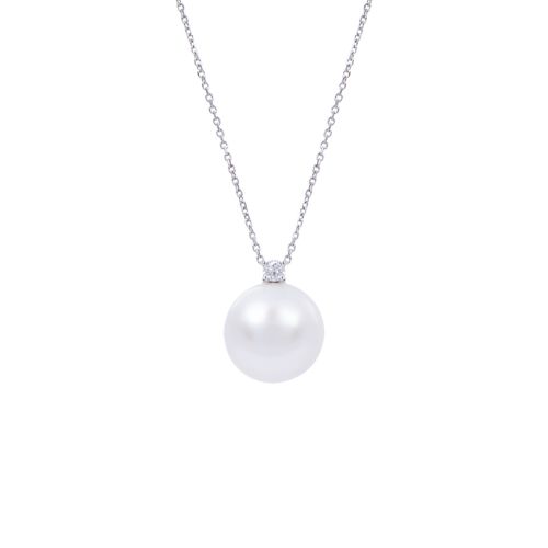 Delicate silver coloured chain with a small diamond connected to large South Sea Pearl. 