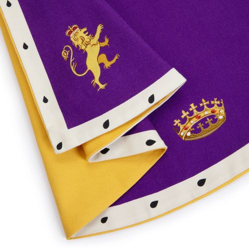 Child wearing cape and gold crown outside of Buckingham Palace