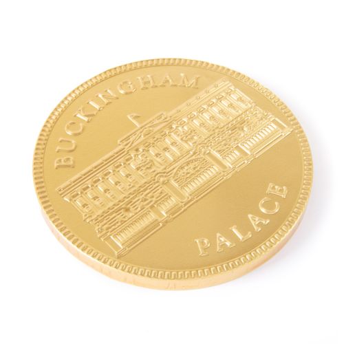 Gold chocolate coin with Buckingham Palace Facade.