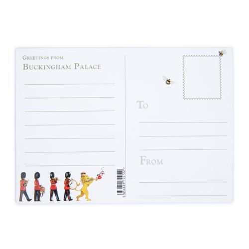 Illustration of Buckingham Palace featuring trees, a lion and unicorn as well as the Royal Standard .