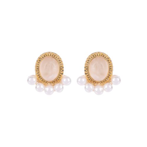 Gold earrings with pink stone rose quartz at centre studding with freshwater pearls below. 