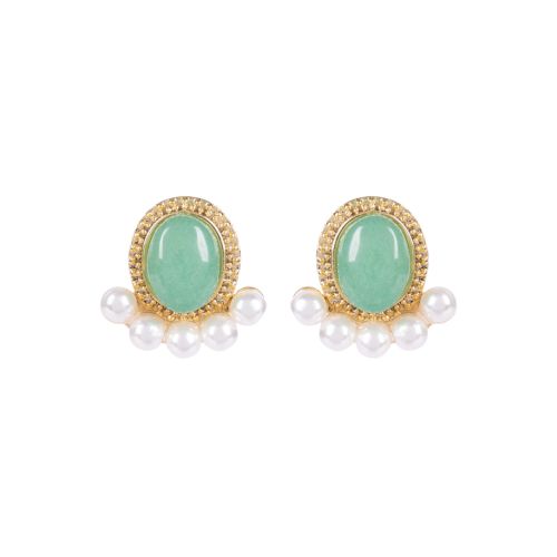 Gold earrings studded with large green gem and selection of pearls below. 