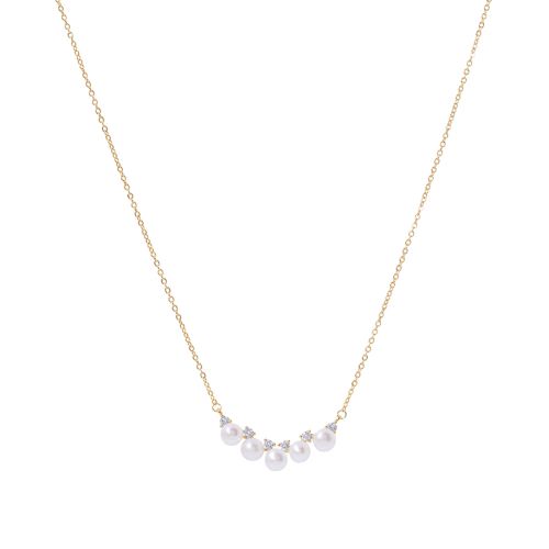 Gold chained crescent pearled necklace with crescent of large pearls and crystals. 