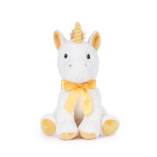 Unicorn cuddly toy with yellow bow. 